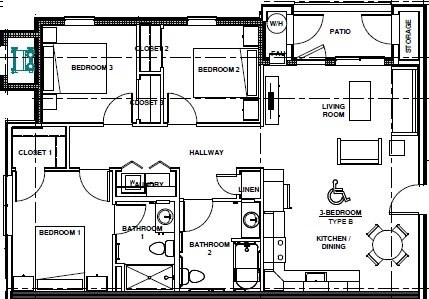 Floor plan for 3 beds, 2 baths, 1058 sqft